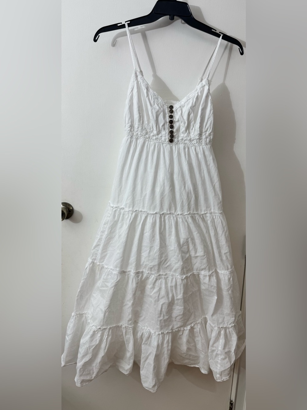 Women's White Tiered Maxi Dress with Button-Front Detail